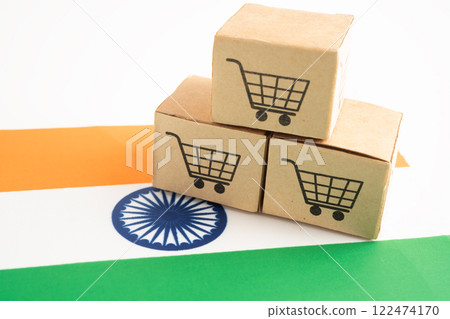 Box with shopping online cart logo and India flag, Import Export Shopping online or commerce finance delivery service store product trade, supplier. Box with shopping online cart logo and India flag, Import Export Shopping online or commerce finance delivery service store product trade, supplier. 122474170