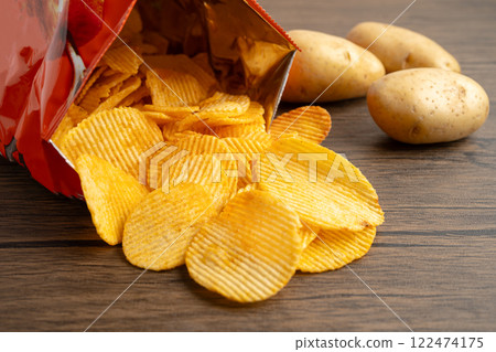 Potato chips, delicious BBQ seasoning spicy for crips, thin slice deep fried snack fast food in open bag. 122474175