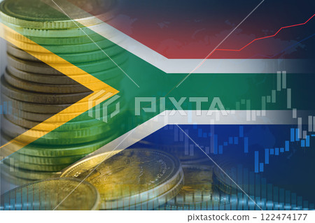 Stock market investment trading financial, coin and South Africa flag , finance business trend data. Stock market investment trading financial, coin and South Africa flag , finance business trend data. 122474177