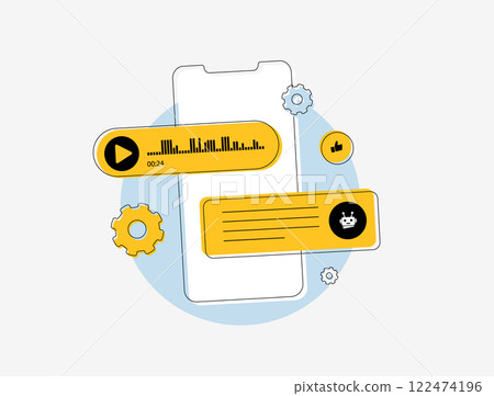 AI-powered chatbots for business. Customer support automation with robot icons and audio message bubbles. Futuristic designs for boosting ai assistants service efficiency and user satisfaction AI-powered chatbots for business. Customer support automation with robot icons and audio message bubbles. Futuristic designs for boosting ai assistants service efficiency and user satisfaction 122474196