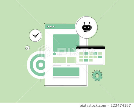 AI scheduling assistants automate content planning. AI-driven blog automation optimizes posts, schedules, and updates. AI content automation - blog management with smart algorithms vector illustration AI scheduling assistants automate content planning. AI-driven blog automation optimizes posts, schedules, and updates. AI content automation - blog management with smart algorithms vector illustration 122474197