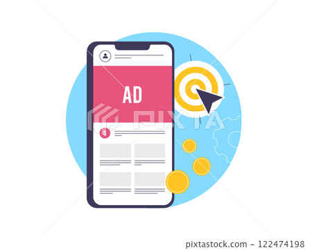 Programmatic ad bidding system. Interactive dashboards, ad campaigns and programmatic advertising analytics. Smart algorithms driving successful online social media advertising strategies 122474198