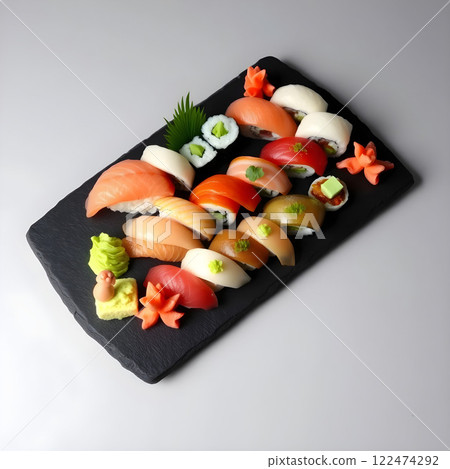 Assorted Sushi Platter on a Black Slate Board 122474292