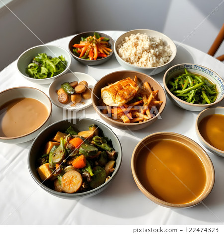 A variety of Korean dishes served on a wooden table A variety of Korean dishes served on a wooden table 122474323
