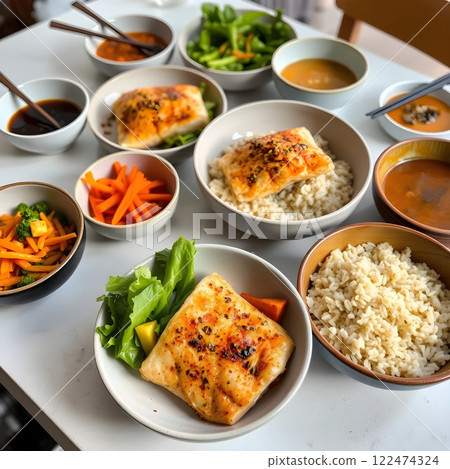 A variety of Korean dishes served on a wooden table A variety of Korean dishes served on a wooden table 122474324