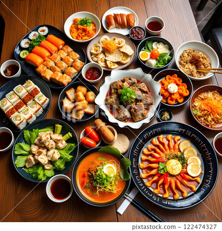 A variety of Korean dishes served on a wooden table 122474327