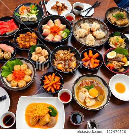 A variety of Korean dishes served on a wooden table 122474328