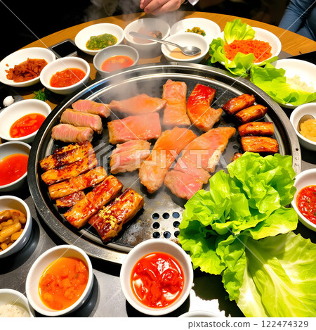 A variety of Korean dishes served on a wooden table A variety of Korean dishes served on a wooden table 122474329