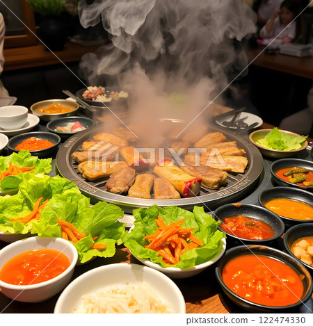 A variety of Korean dishes served on a wooden table A variety of Korean dishes served on a wooden table 122474330