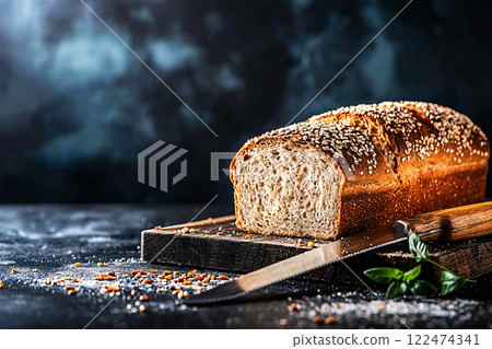 A freshly baked whole-grain bread loaf sits on a wooden board, with a knife slicing through 122474341