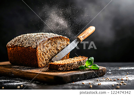 On a wooden board, a freshly baked whole-grain bread loaf is sliced with a knife 122474342
