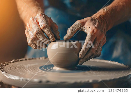 Dynamic lighting illuminates a close-up of a potter hands skillfully shaping clay on a spinning Dynamic lighting illuminates a close-up of a potter hands skillfully shaping clay on a spinning 122474365