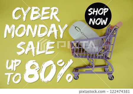 Cyber Monday Sale 80% off Special Offer Promotion and trolley shopping cart on yellow background Cyber Monday Sale 80% off Special Offer Promotion and trolley shopping cart on yellow background 122474381