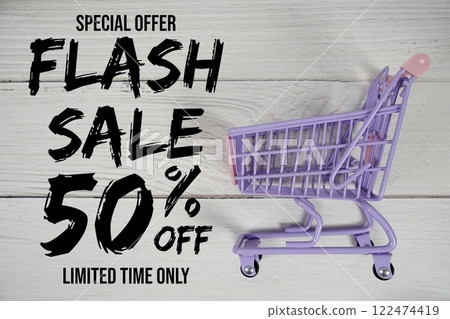 Flash Sale 50% off Special Offer Promotion and trolley shopping cart on wooden background 122474419