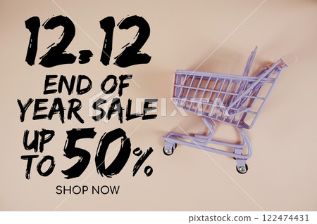 12.12 End of Year Sale 50% off Special Offer Promotion and trolley shopping cart on pink background 12.12 End of Year Sale 50% off Special Offer Promotion and trolley shopping cart on pink background 122474431