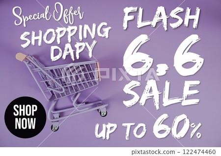 6.6 Flash Sale 60% off Special Offer Promotion and trolley shopping cart on purple background 6.6 Flash Sale 60% off Special Offer Promotion and trolley shopping cart on purple background 122474460