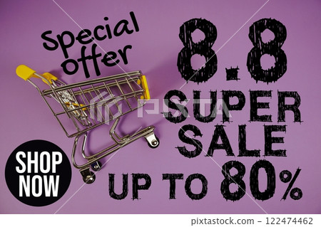 8.8 Super Sale 80% Special Offer Promotion and trolley shopping cart on purple background 122474462