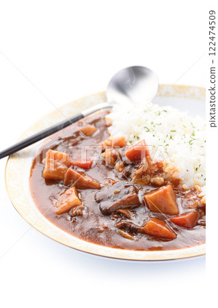 咖哩飯（白色背景）配醃梅子和福神漬 122474509