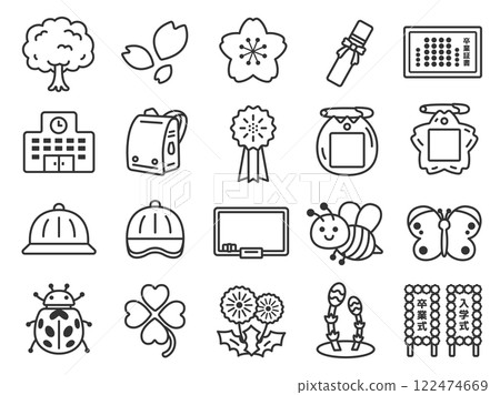 Illustration set of graduation and entrance season icons (line drawings) 122474669