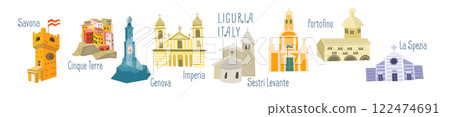 Set of historical buildings of Liguria, Italy. Sights and architecture of towns. Isolated illustration on white background. Set of historical buildings of Liguria, Italy. Sights and architecture of towns. Isolated illustration on white background. 122474691