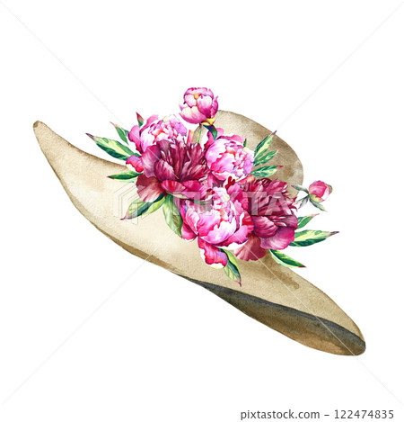 A hat with a bouquet of pink peonies on a white background. Watercolor illustration. Summer women's headdress with pink flowers. Printout for textiles, postcards or gift wrapping A hat with a bouquet of pink peonies on a white background. Watercolor illustration. Summer women's headdress with pink flowers. Printout for textiles, postcards or gift wrapping 122474835