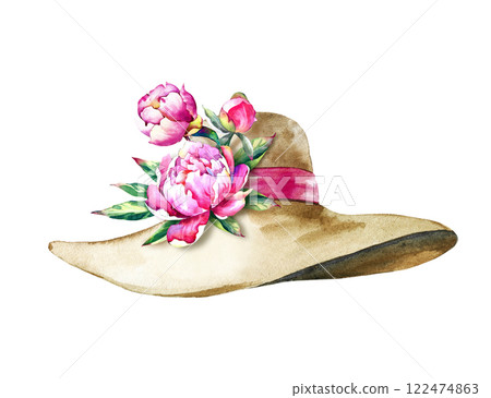 Watercolor hat with peonies on a white background. Summer women's headdress with pink flowers. It was drawn by hand. Watercolour. Print for textiles, postcards or gift wrapping. 122474863