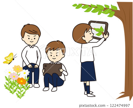 在戶外使用平板電腦學習的兒童 122474997