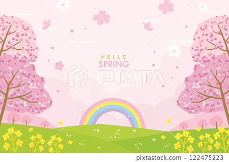 Beautiful spring scenery with cherry blossoms and rape blossoms background 122475223