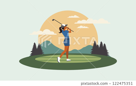 Woman Golfer Player Character Playing Golf Sport on the Field Landscape 122475351