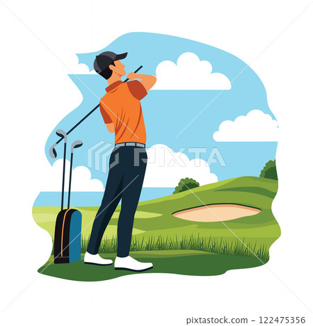 Man Golfer Player Character Playing Golf Sport on the Field in Bright Sky 122475356