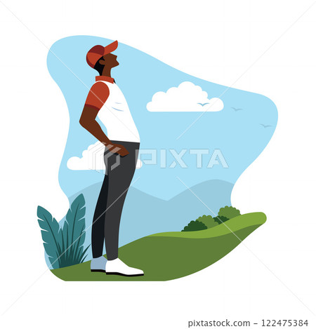 Man Golfer Player Character Wearing Cap Standing on the Golf Field Man Golfer Player Character Wearing Cap Standing on the Golf Field 122475384