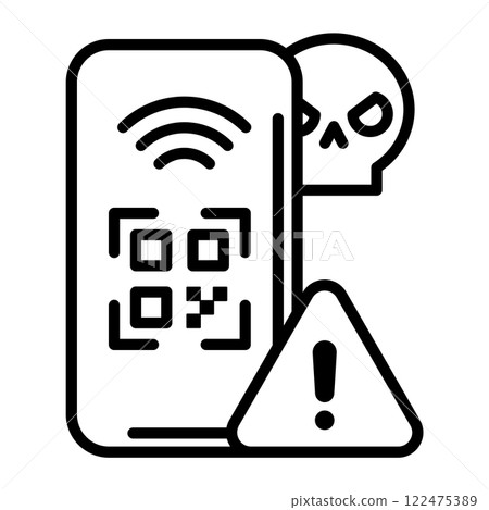 圖像圖示警告詐欺。有可辨識的二維碼、警告標記、以及骨架。 122475389