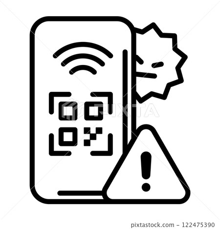 Image icon warning of fraud. There is a recognized QR code, a warning mark and a virus. Image icon warning of fraud. There is a recognized QR code, a warning mark and a virus. 122475390
