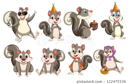 Playful Cartoon Squirrels in Various Outfits Playful Cartoon Squirrels in Various Outfits 122475536