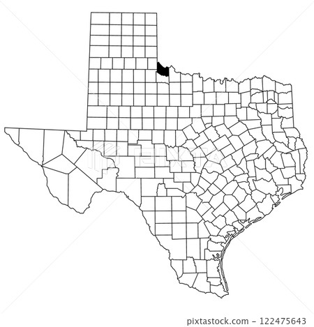 Map of hardeman County in Texas state on white background. single County map highlighted by black colour on Texas map. UNITED STATES, US 122475643