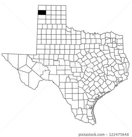 Map of Hartley County in Texas state on white background. single County map highlighted by black colour on Texas map. UNITED STATES, US Map of Hartley County in Texas state on white background. single County map highlighted by black colour on Texas map. UNITED STATES, US 122475648