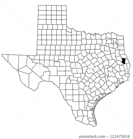 Map of San Augustine County in Texas state on white background. single County map highlighted by black colour on Texas map. UNITED STATES, US 122475658