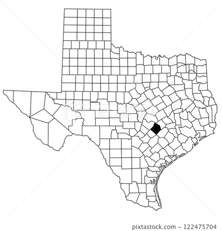 Map of Bastrop County in Texas state on white background. single County map highlighted by black colour on Texas map. UNITED STATES, US 122475704