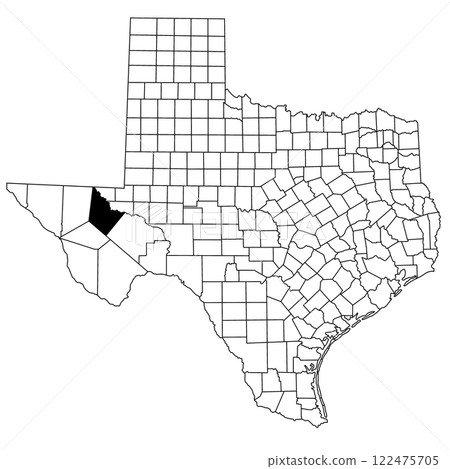 Map of Reeves County in Texas state on white background. single County map highlighted by black colour on Texas map. UNITED STATES, US 122475705