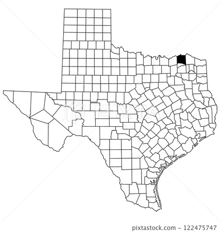 Map of Lamar County in Texas state on white background. single County map highlighted by black colour on Texas map. UNITED STATES, US 122475747