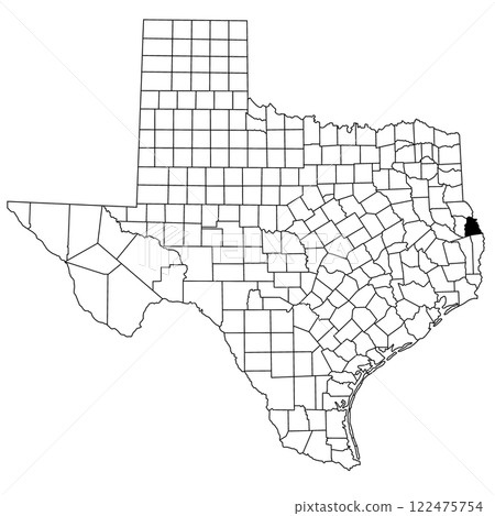 Map of Sabine County in Texas state on white background. single County map highlighted by black colour on Texas map. UNITED STATES, US 122475754