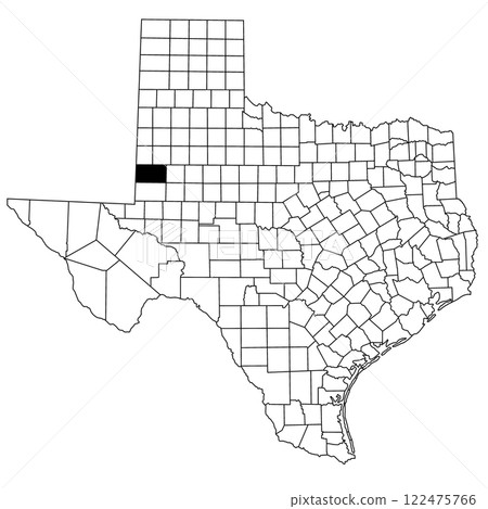 Map of Gaines County in Texas state on white background. single County map highlighted by black colour on Texas map. UNITED STATES, US 122475766