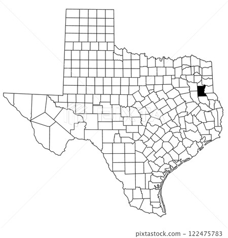 Map of rusk County in Texas state on white background. single County map highlighted by black colour on Texas map. UNITED STATES, US 122475783