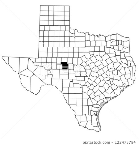 Map of Tom green County in Texas state on white background. single County map highlighted by black colour on Texas map. UNITED STATES, US 122475784