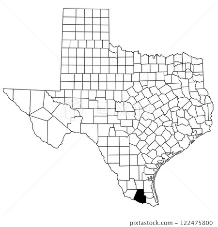 Map of Hidalgo County in Texas state on white background. single County map highlighted by black colour on Texas map. UNITED STATES, US 122475800