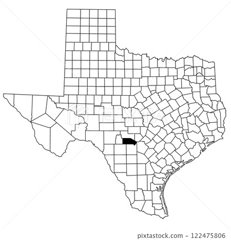 Map of Bandera County in Texas state on white background. single County map highlighted by black colour on Texas map. UNITED STATES, US 122475806
