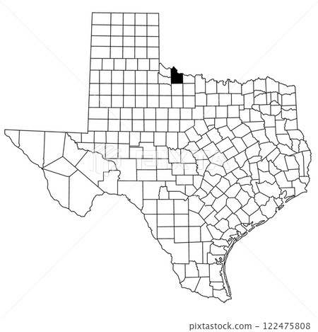 Map of wilbarger County in Texas state on white background. single County map highlighted by black colour on Texas map. UNITED STATES, US 122475808