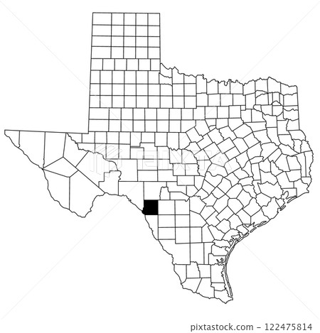 Map of Kinney County in Texas state on white background. single County map highlighted by black colour on Texas map. UNITED STATES, US 122475814