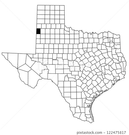 Map of Bailey County in Texas state on white background. single County map highlighted by black colour on Texas map. UNITED STATES, US 122475817