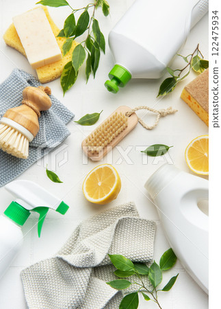 Eco friendly cleaning products promoting sustainable lifestyle with lemons and brushes Eco friendly cleaning products promoting sustainable lifestyle with lemons and brushes 122475934